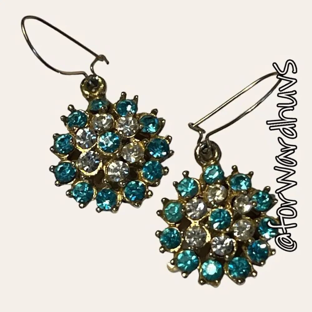 Vintage Gold Tone Blue and Clear Rhinestone Earrings